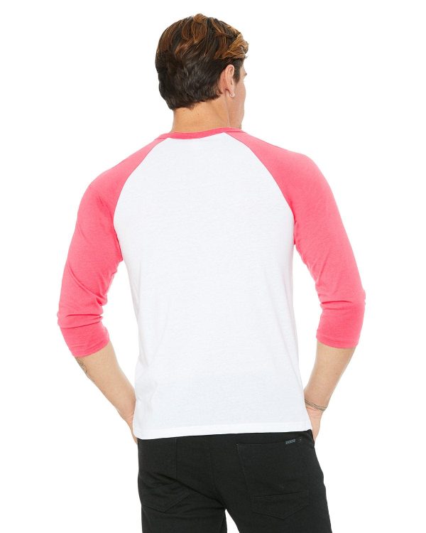 Bella+Canvas Unisex Triblend 3 4-Sleeve Baseball T-Shirt | White  Neon Pink Fashion - Image 2