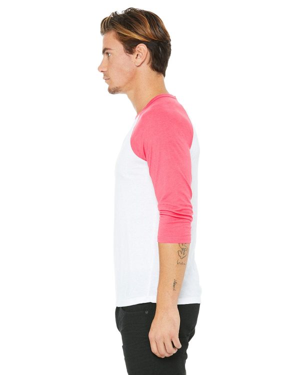 Bella+Canvas Unisex Triblend 3 4-Sleeve Baseball T-Shirt | White  Neon Pink Fashion - Image 3