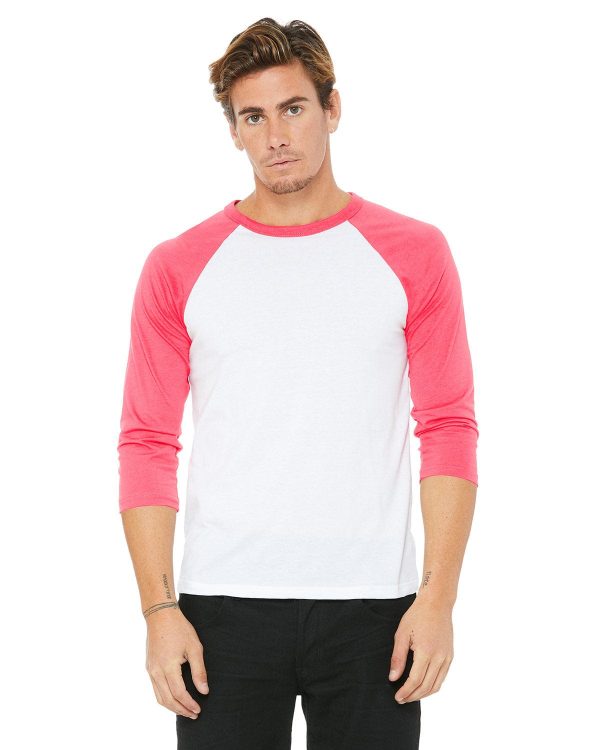 Bella+Canvas Unisex Triblend 3 4-Sleeve Baseball T-Shirt | White  Neon Pink Fashion