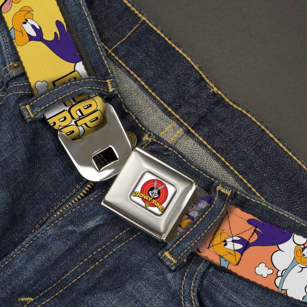 Looney Tunes Logo Full Color White Seatbelt Belt - ROAD RUNNER w Road Runner Poses Orange Webbing Online Hot Sale - Image 5